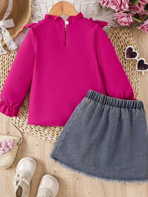 Children's Ruffled Mesh Top And Denim Skirt Set option 6