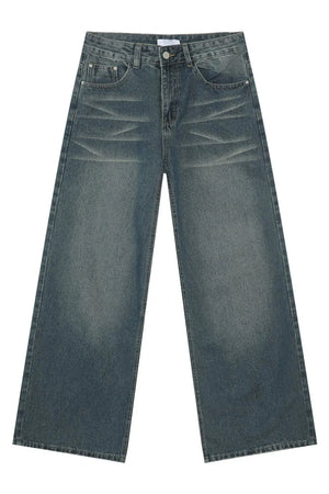 Wide leg vintage wash denim jeans in dark blue with a relaxed fit and faded details.