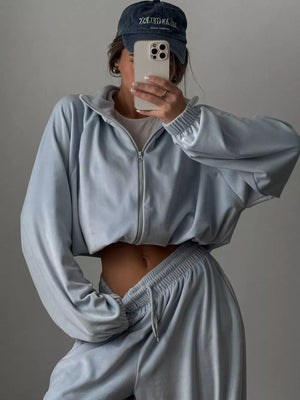 dusty blue lounge set with Top: hip-length, Bottom: full-length and zip-front, drawstring, elastic