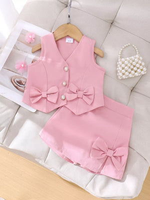 Pink Children's Bow Button Up Vest And Skirt Set