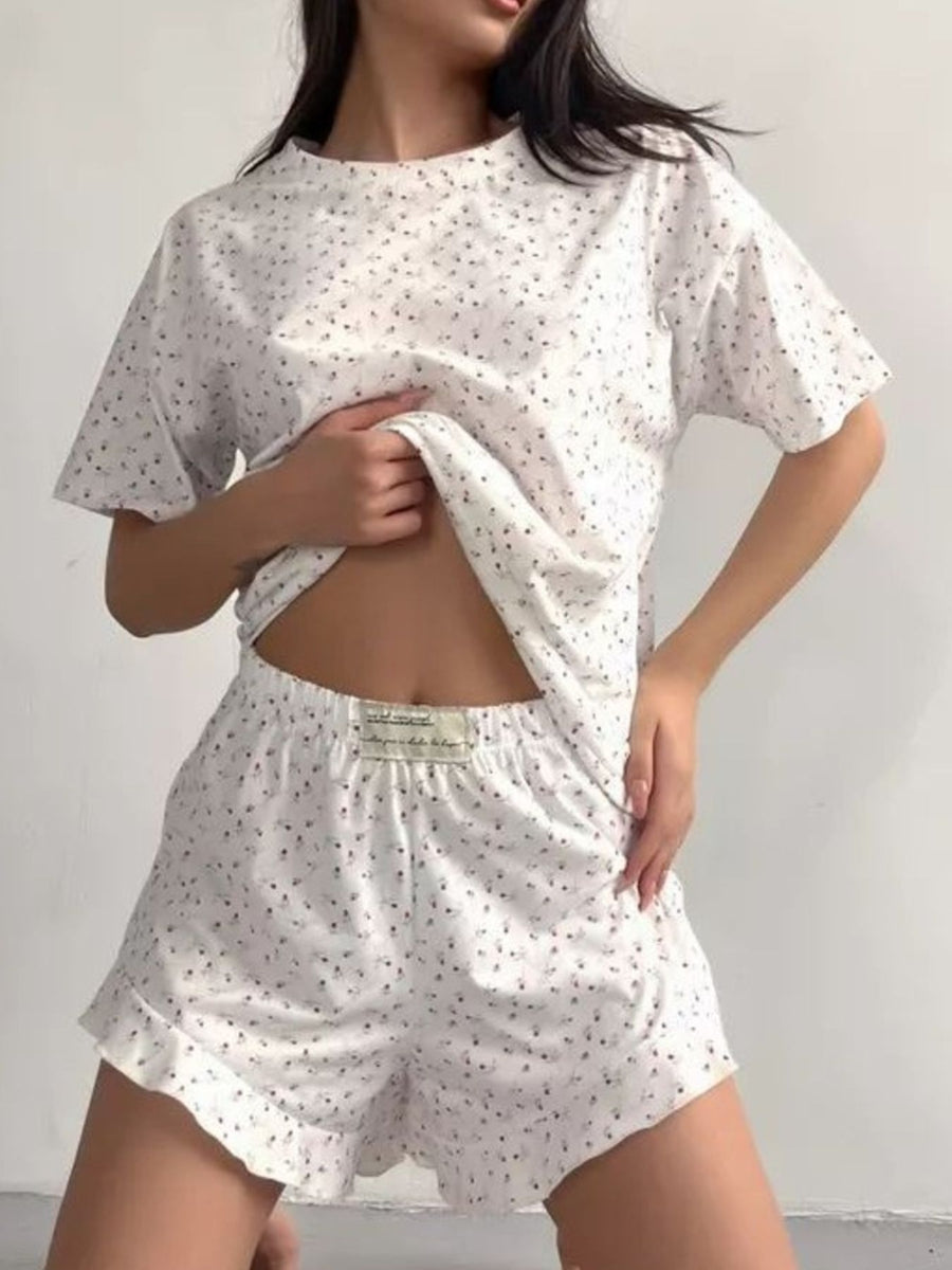 white pajama set with ditsy floral and round neck