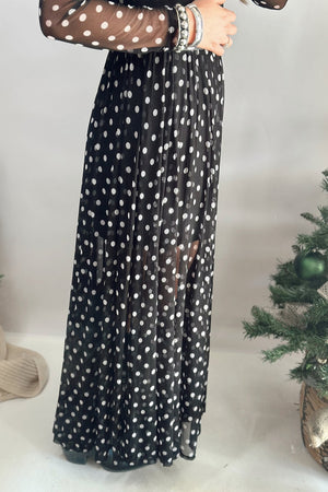 white maxi dress featuring mesh and polka-dot