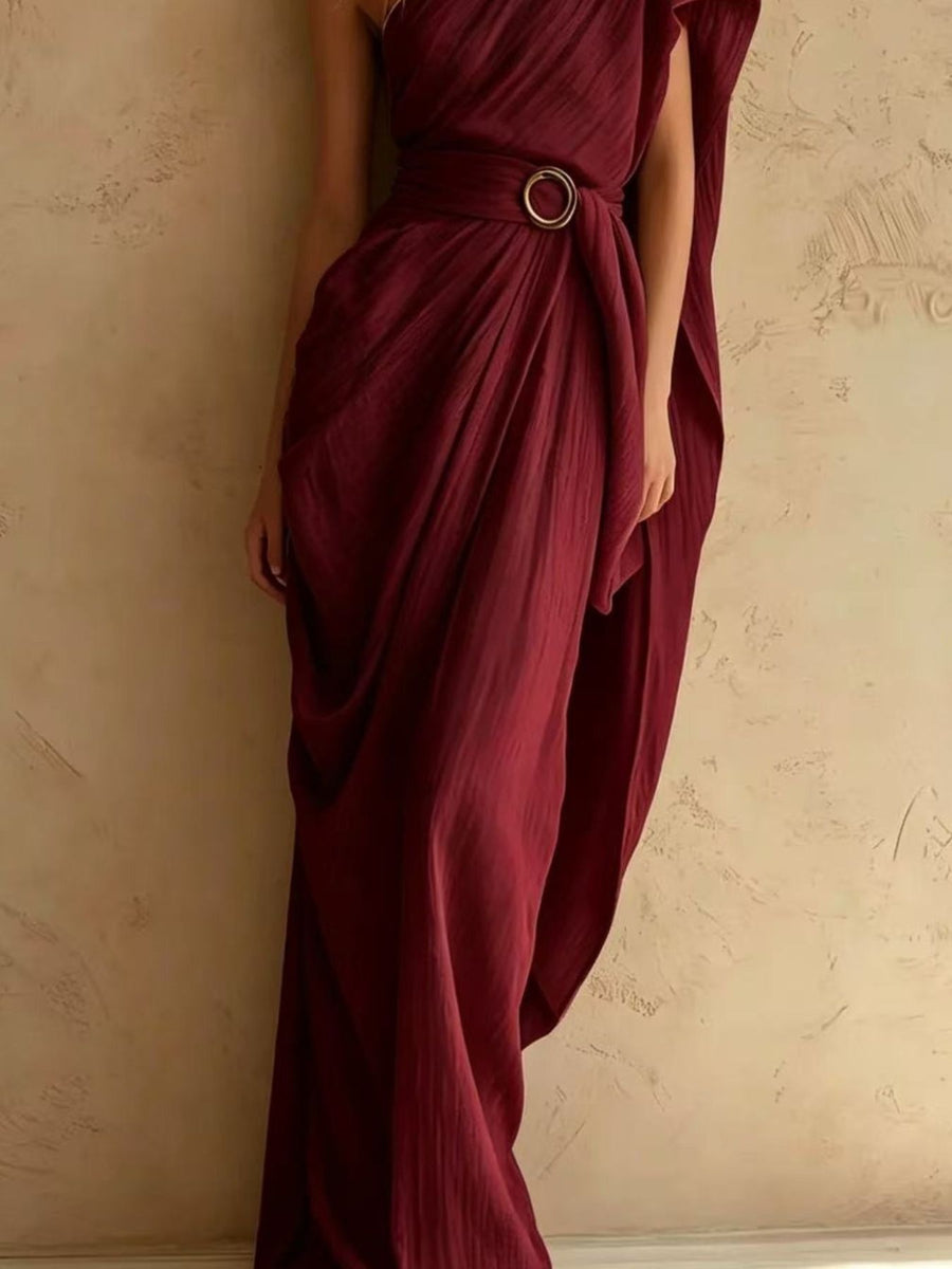 Burgundy loose maxi dress with one-shoulder
