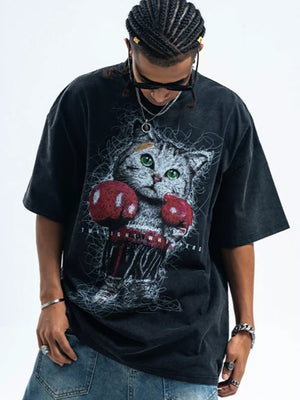 Black oversized cotton blend tee with vintage cat graphic and boxing gloves.