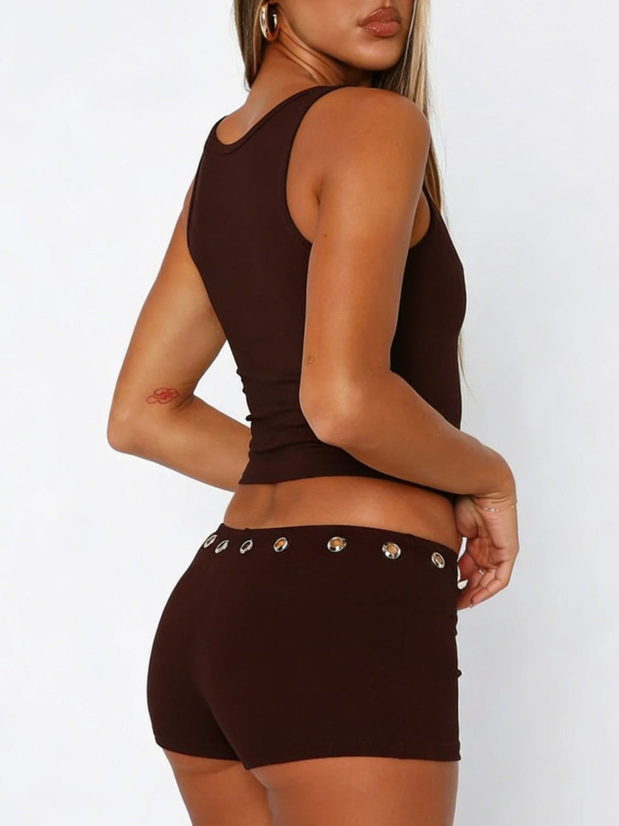 Brown ribbed tank top and shorts set with grommet detail on shorts