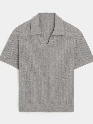 Gray ribbed knit polo shirt with Johnny collar and short sleeves
