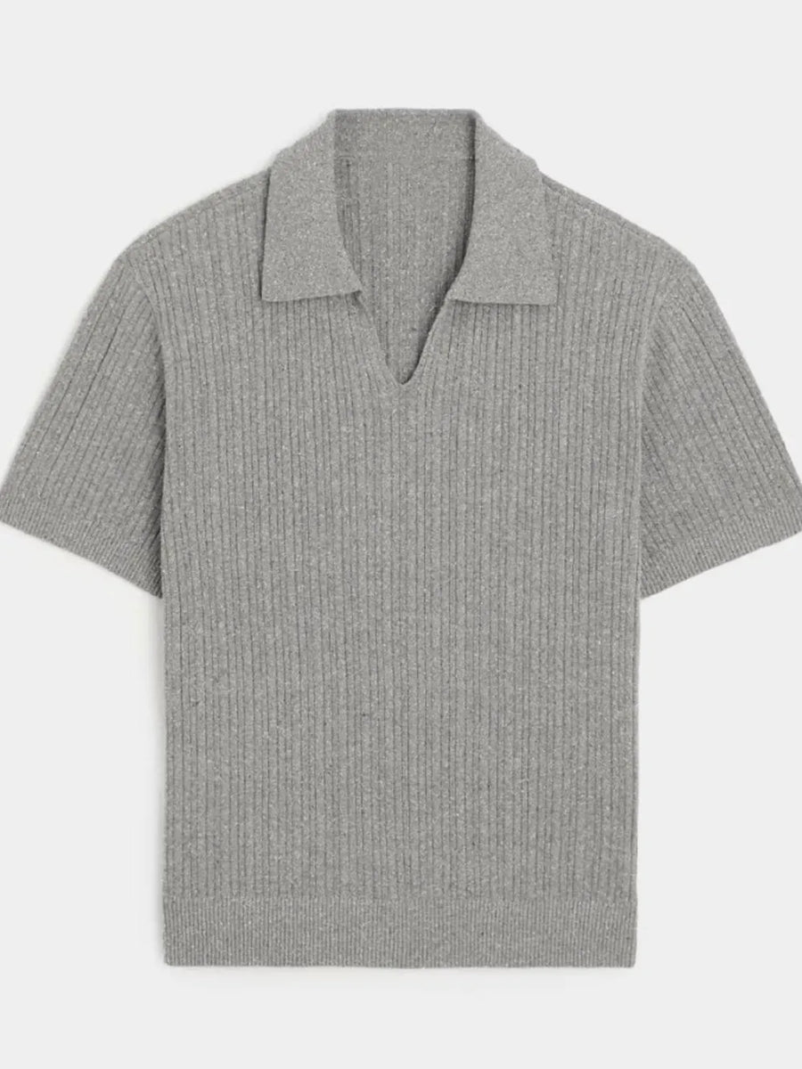 Gray ribbed knit polo shirt with Johnny collar and short sleeves