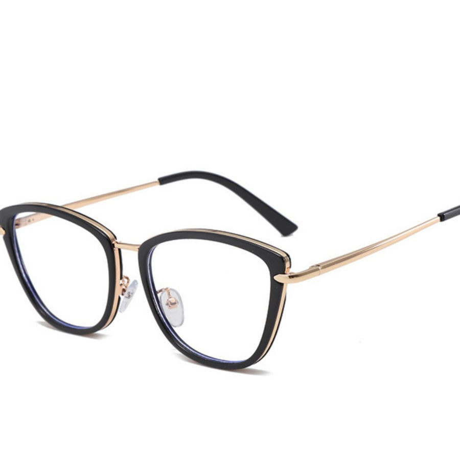 Black cat-eye glasses with gold metal accents and clear lenses