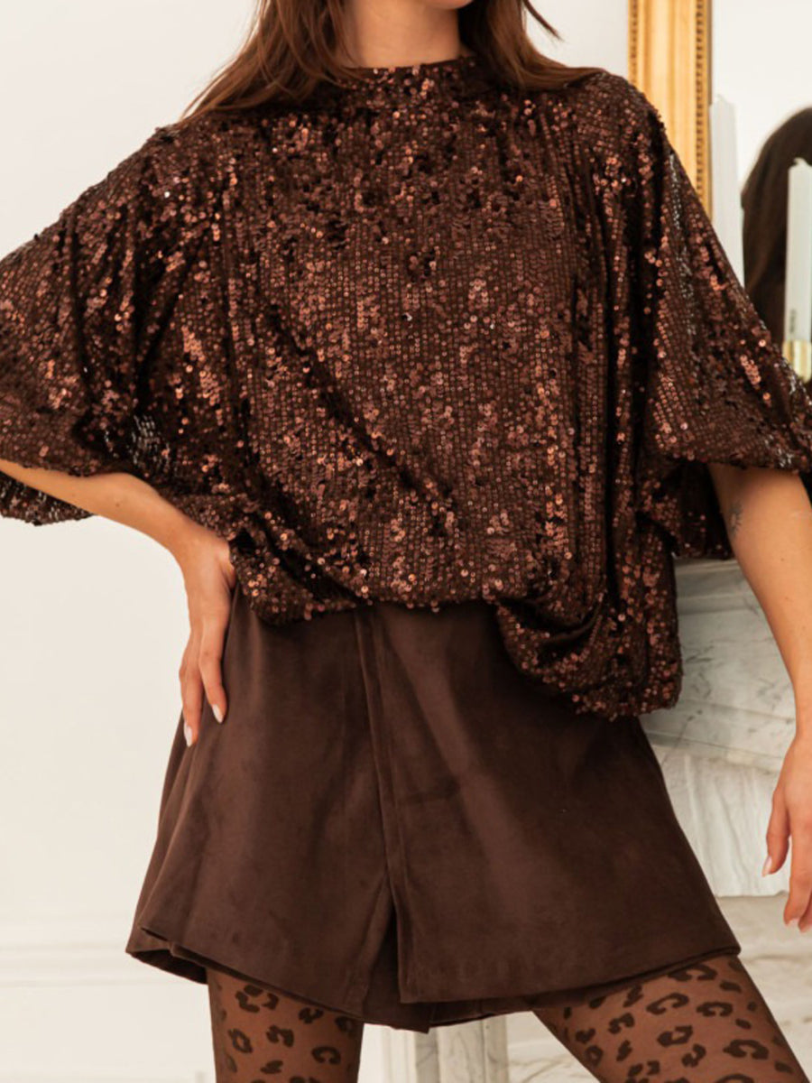 Dazzling Sequin Tie-back Shirt in dark brown with short sleeves and a mock neck.