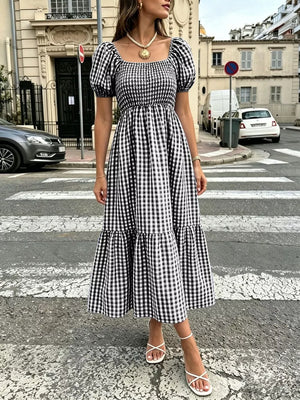 midi dress in sky blue with gingham and smocked
