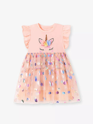 Peach unicorn dress with ruffled sleeves and tiered tulle skirt with iridescent polka dots.
