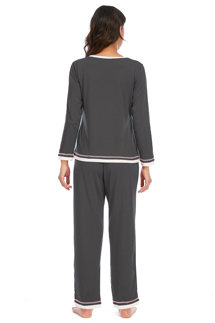 Charcoal long sleeve pajama set with contrast trim on neckline, cuffs, and hem.