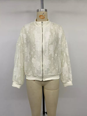 Jacquard Zip Up Long Sleeve Jacket in Apricot with zipper