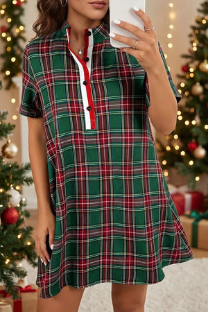 forest green shift dress with plaid and collared