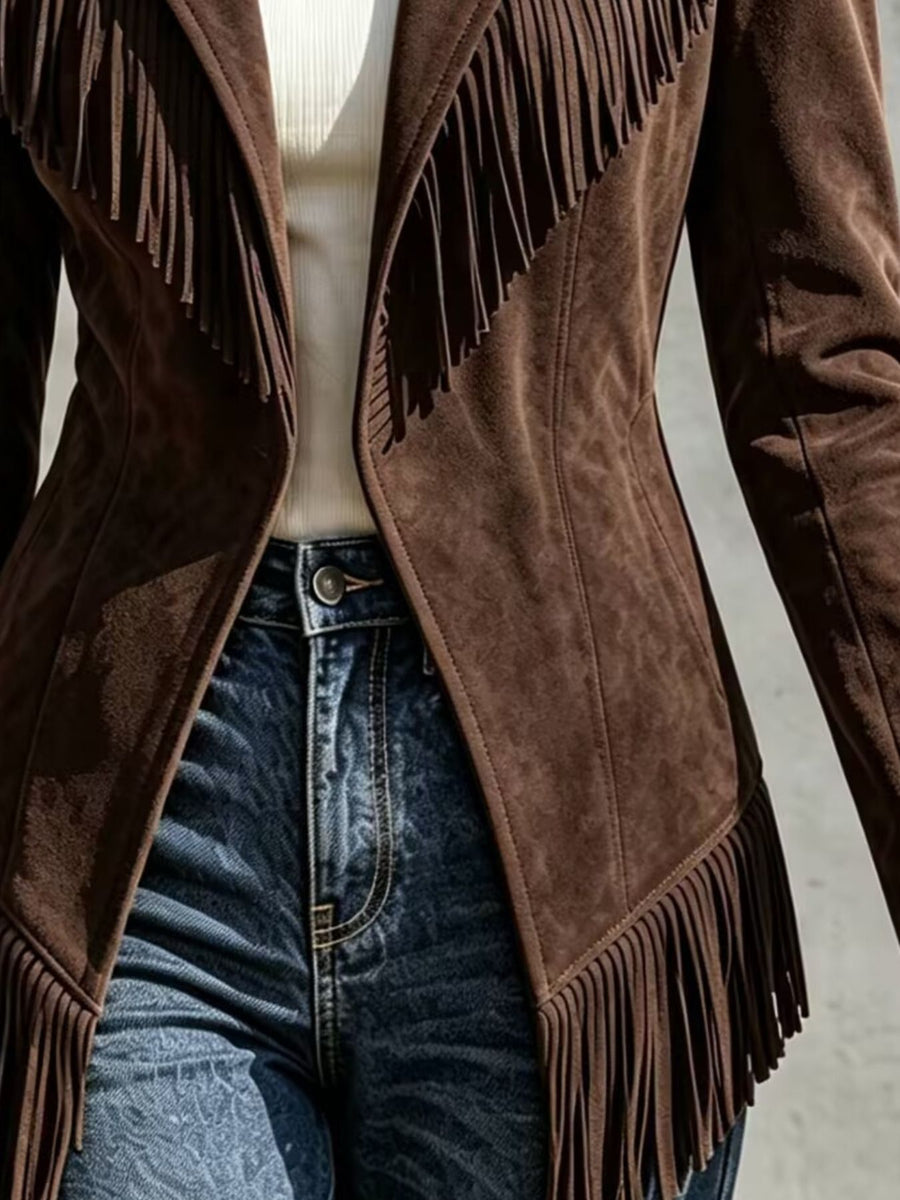 Western-Inspired Fringed Open Front Jacket in camel