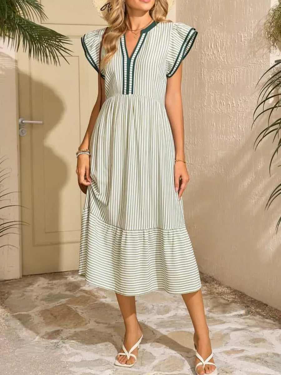 Green striped midi dress with V-neck, ruffle sleeves, and tiered hem.