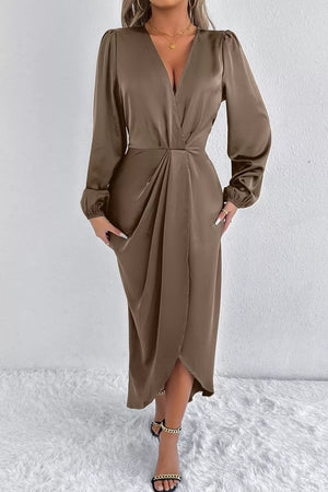 Satin Balloon Sleeve Midi Dress in Coffee Brown with split