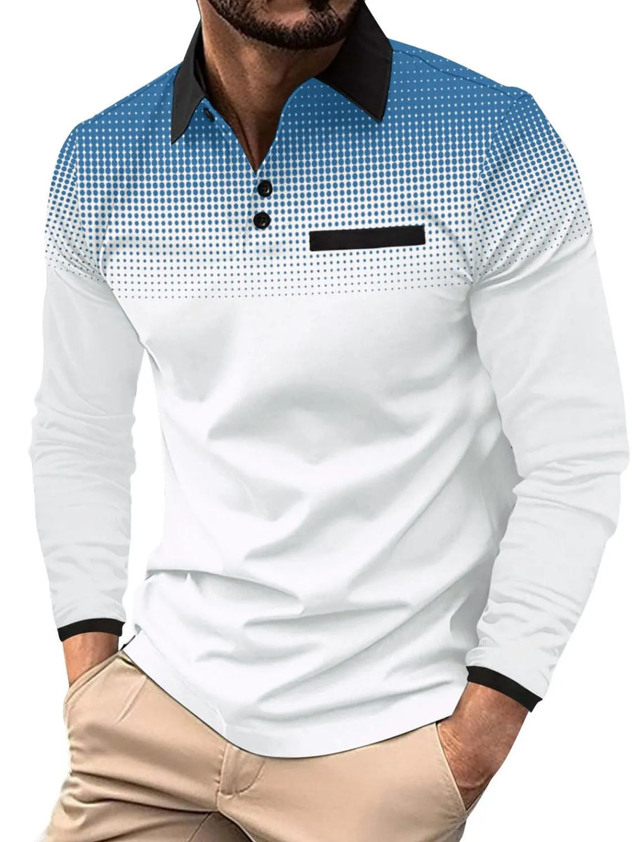 Long sleeve polo shirt with gradient dot print and black collar, pocket detail