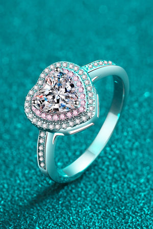 Sterling silver ring with heart-shaped moissanite and pink and white halo stones