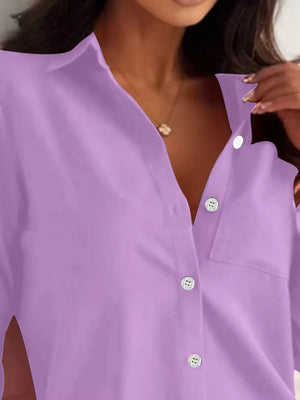 Black button-down shirt with hip-length and button-front
