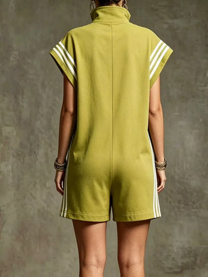 Sporty olive green zip-up romper with white stripe details on sleeves and sides.