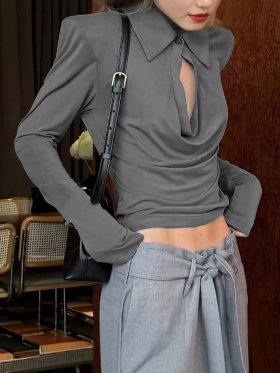 95% Rayon 5% Spandex Care instructions: Machine wash cold blouse in Gray with slim silhouette