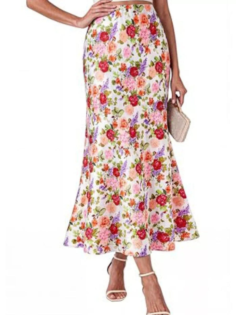 red midi skirt featuring high-waisted and floral