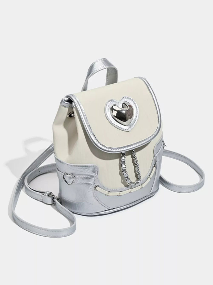 White and silver mini heart flap backpack with chain detail