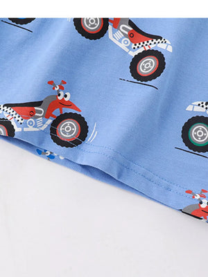 Blue toddler tee and shorts set with playful ATV print