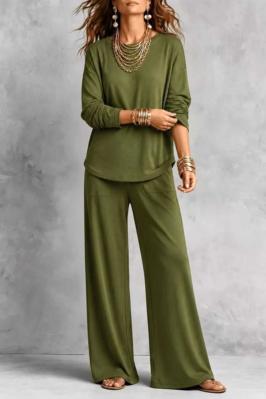 95% polyester, 5% elastane Care instructions: Machine wash cold lounge set in olive green with relaxed silhouette