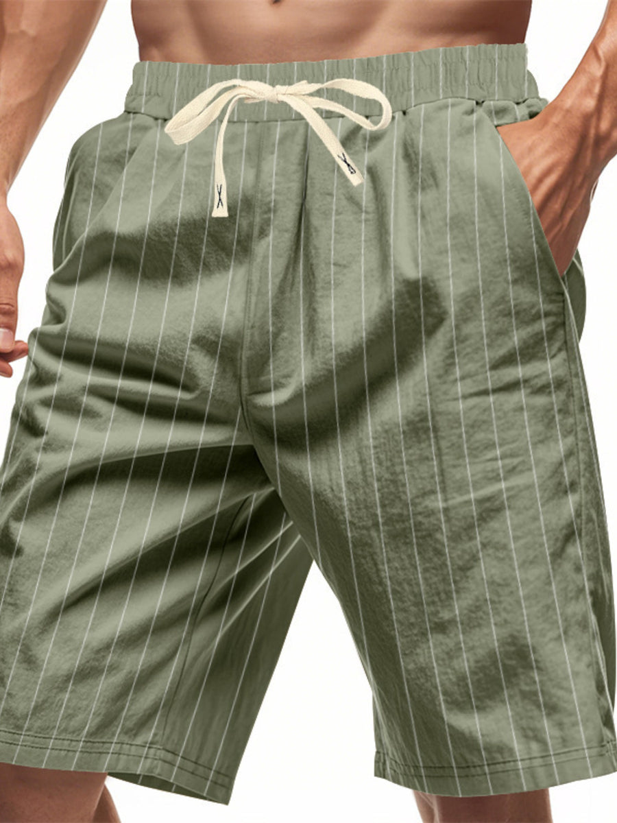 Men's Army Green striped drawstring chino shorts with pockets.