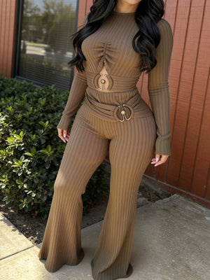 olive brown jumpsuit with ribbed and mock neck