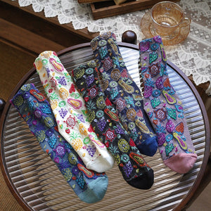 white socks featuring patterned and fruit-print