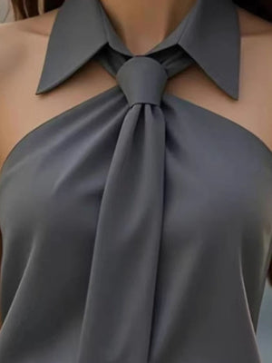halter top in sage green with tied collar and waist-length
