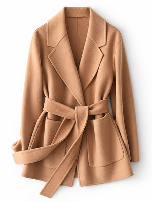 CAMEL wool coat with hip-length and button-front