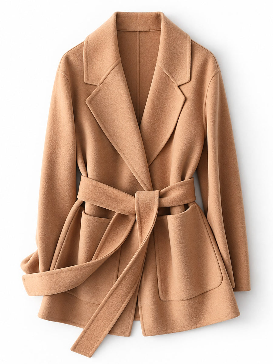 CAMEL wool coat with hip-length and button-front