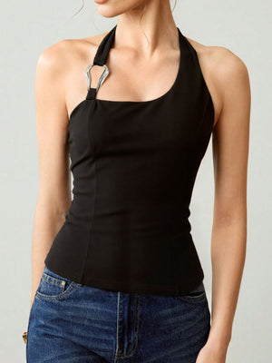 halter top in black featuring seam detail and fitted fit