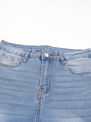 Light wash denim cropped jeans with whiskered details and five-pocket styling.