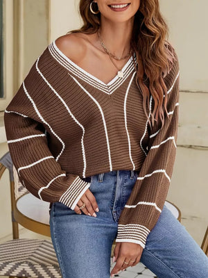 Black V-neck Striped Contrast Sweater