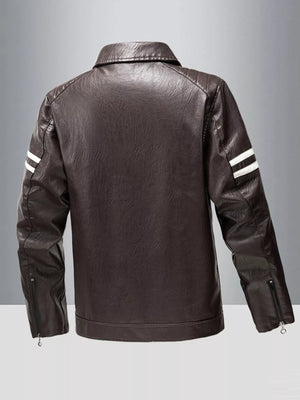 Men's coffee leather motorcycle jacket with white stripes on sleeves and zippered cuffs.