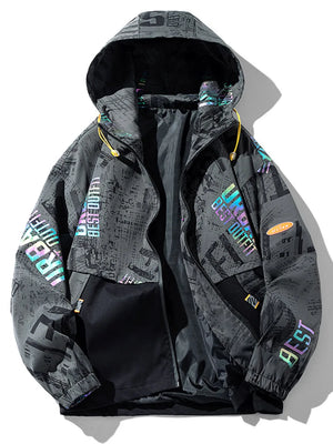 Dark gray hooded parka with abstract print and colorful text details.