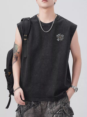 Black oversized cotton tank top with round neck and compass graphic.