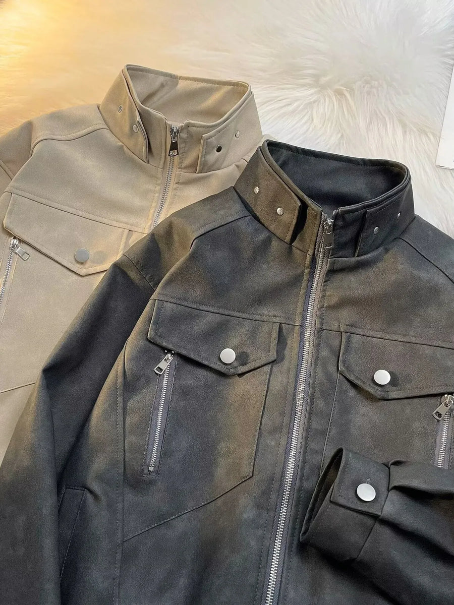 Men's gray bomber jacket with zip front, snap pockets, and zip details.