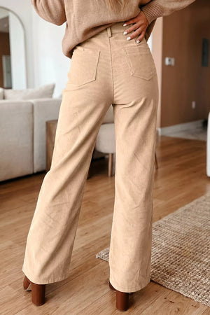 beige pants with full-length and button-front