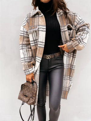 ivory overcoat featuring buttoned and plaid