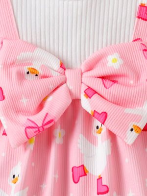 Pink with Children's Bow Duck Print Romper With Headband in Pink