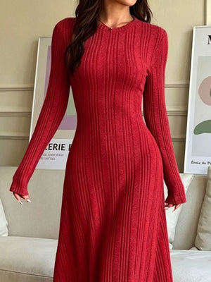 Long Sleeve Ribbed Knit Dress in White with stretch