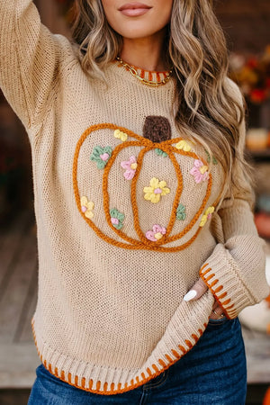 Floral Embroidery Pumpkin Long Sleeve Sweater option 4