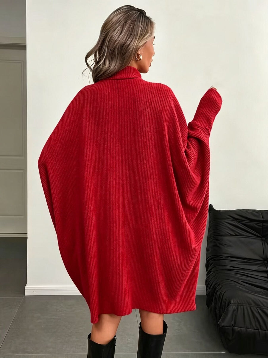 Oversized Batwing Sleeve Ribbed Knit Turtleneck Dress in Red with oversized