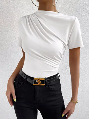 White ruched mock neck t-shirt with draped detail and short sleeves.